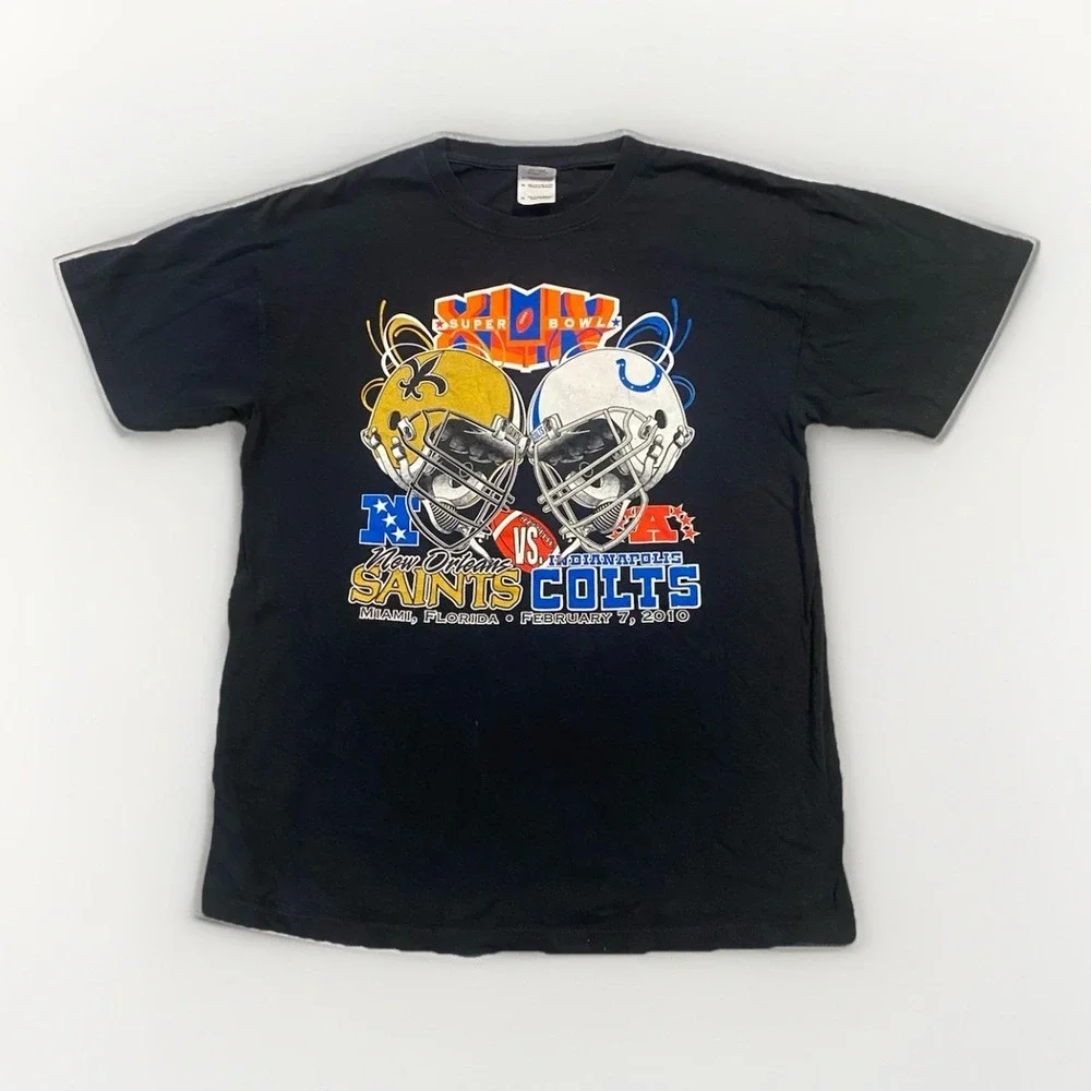Super Bowl XLIV (2010) Saints vs Colts Black Men's T-Shirt Size Medium VTG Y2K